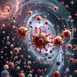 A hyper-realistic 3D rendering of Anthrax germs adrift in a small galaxy filled with a variety of other germs and bacteria