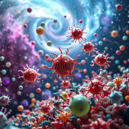 A hyper-realistic 3D rendering of Anthrax germs adrift in a small galaxy filled with a variety of other germs and bacteria