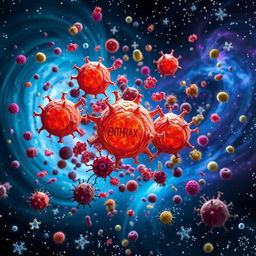 A hyper-realistic 3D rendering of Anthrax germs adrift in a small galaxy filled with a variety of other germs and bacteria