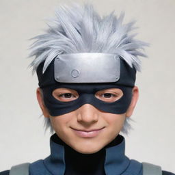 Kakashi Hatake from the anime series Naruto, wearing his signature headband over one eye, with a silver gravity-defying hair and a mysterious smile.