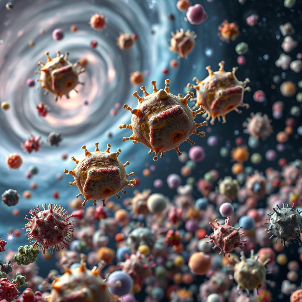 A hyper-realistic 3D rendering of Anthrax germs adrift in a small galaxy filled with a variety of other germs and bacteria