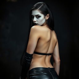 A striking, realistic portrayal of a gothic sexy girl with pale white skin and bold black makeup that enhances her fierce, dominating presence