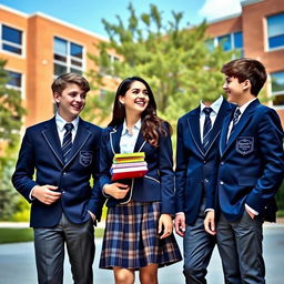 A scene depicting two boys and one girl dressed in high school uniforms