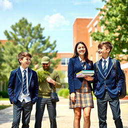 A scene depicting two boys and one girl dressed in high school uniforms