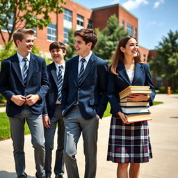 A scene depicting two boys and one girl dressed in high school uniforms