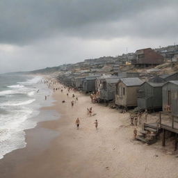 A crowded dieselpunk beach: under an overcast sky, the coastline is lined with worn steel beach huts, gruff-looking beachgoers in diesel-era swimwear, smoke-spewing watercraft near the shore, and a robust, industrial-looking boardwalk adorned with gritty, oversized advertisements in the backdrop.