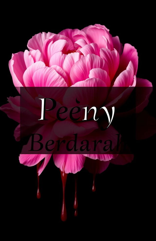 A stunning peony flower, its petals vibrant and lush, dripping with red blood droplets, set against a deep black background