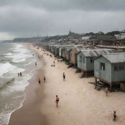 A crowded dieselpunk beach: under an overcast sky, the coastline is lined with worn steel beach huts, gruff-looking beachgoers in diesel-era swimwear, smoke-spewing watercraft near the shore, and a robust, industrial-looking boardwalk adorned with gritty, oversized advertisements in the backdrop.