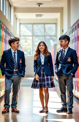 A vibrant and lively scene depicting two boys and one girl in high school uniforms