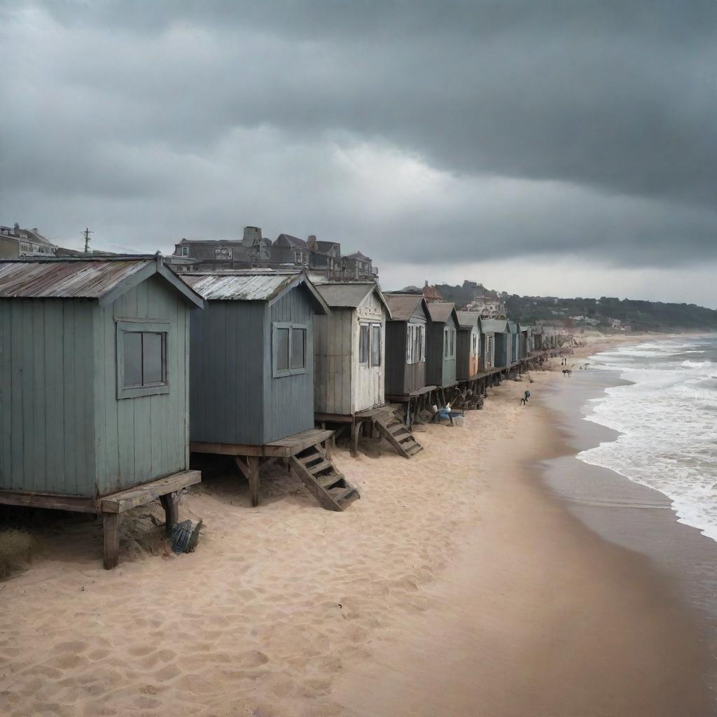 A crowded dieselpunk beach: under an overcast sky, the coastline is lined with worn steel beach huts, gruff-looking beachgoers in diesel-era swimwear, smoke-spewing watercraft near the shore, and a robust, industrial-looking boardwalk adorned with gritty, oversized advertisements in the backdrop.