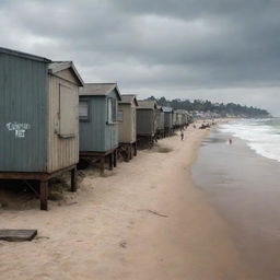 A crowded dieselpunk beach: under an overcast sky, the coastline is lined with worn steel beach huts, gruff-looking beachgoers in diesel-era swimwear, smoke-spewing watercraft near the shore, and a robust, industrial-looking boardwalk adorned with gritty, oversized advertisements in the backdrop.