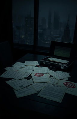 A mysterious and clandestine setting with top-secret documents scattered on a dark wooden table, illuminated by a flickering dim light, surrounded by ominous shadows