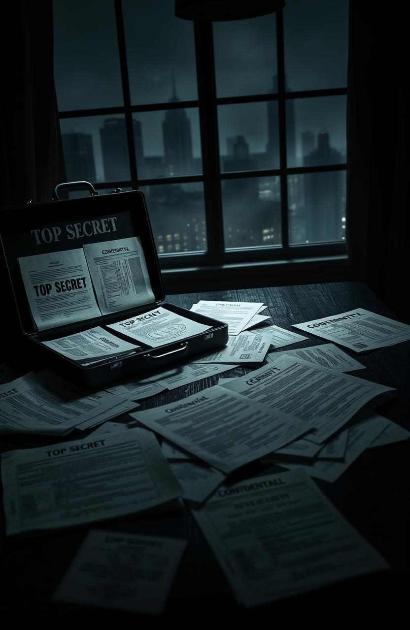 A mysterious and clandestine setting with top-secret documents scattered on a dark wooden table, illuminated by a flickering dim light, surrounded by ominous shadows