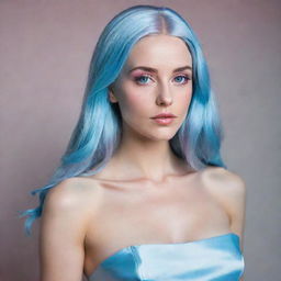 Generate a portrait of a beautiful woman with long, floor-length light blue hair. She wears a cold expression, yet her blue eyes sparkle softly with affection. She has thin eyebrows, a sharp nose, and wide, thin lips tinted with pink gloss. Dressed in a light blue gown that accentuates her slim figure, her broad shoulders, hourglass curves, and generous proportions are highlighted.