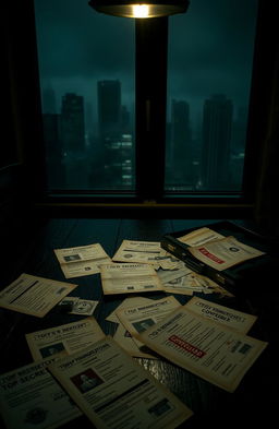 A mysterious and clandestine setting with top-secret documents scattered on a dark wooden table, illuminated by a flickering dim light, surrounded by ominous shadows