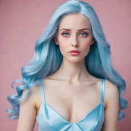 Generate a portrait of a beautiful woman with long, floor-length light blue hair. She wears a cold expression, yet her blue eyes sparkle softly with affection. She has thin eyebrows, a sharp nose, and wide, thin lips tinted with pink gloss. Dressed in a light blue gown that accentuates her slim figure, her broad shoulders, hourglass curves, and generous proportions are highlighted.