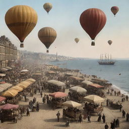 A bustling gaspunk beach: Victorian crowds under flambeau-lit parasols, decorated hot-air balloons bob near the shore, steamships sail in the hazy distance, and local vendors peddling their wares from gas-powered trolleys on a cobblestone promenade in the background.