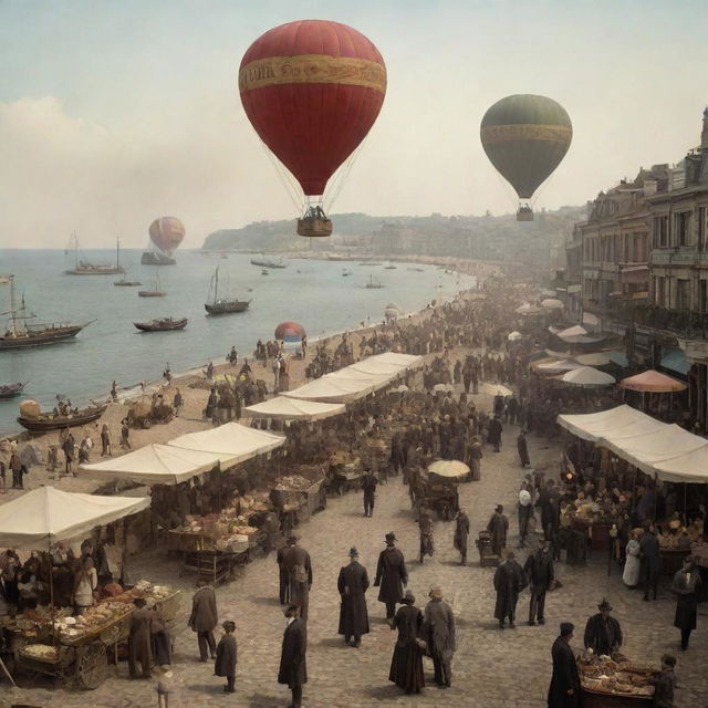 A bustling gaspunk beach: Victorian crowds under flambeau-lit parasols, decorated hot-air balloons bob near the shore, steamships sail in the hazy distance, and local vendors peddling their wares from gas-powered trolleys on a cobblestone promenade in the background.