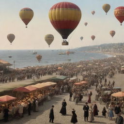 A bustling gaspunk beach: Victorian crowds under flambeau-lit parasols, decorated hot-air balloons bob near the shore, steamships sail in the hazy distance, and local vendors peddling their wares from gas-powered trolleys on a cobblestone promenade in the background.