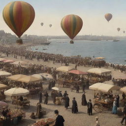 A bustling gaspunk beach: Victorian crowds under flambeau-lit parasols, decorated hot-air balloons bob near the shore, steamships sail in the hazy distance, and local vendors peddling their wares from gas-powered trolleys on a cobblestone promenade in the background.