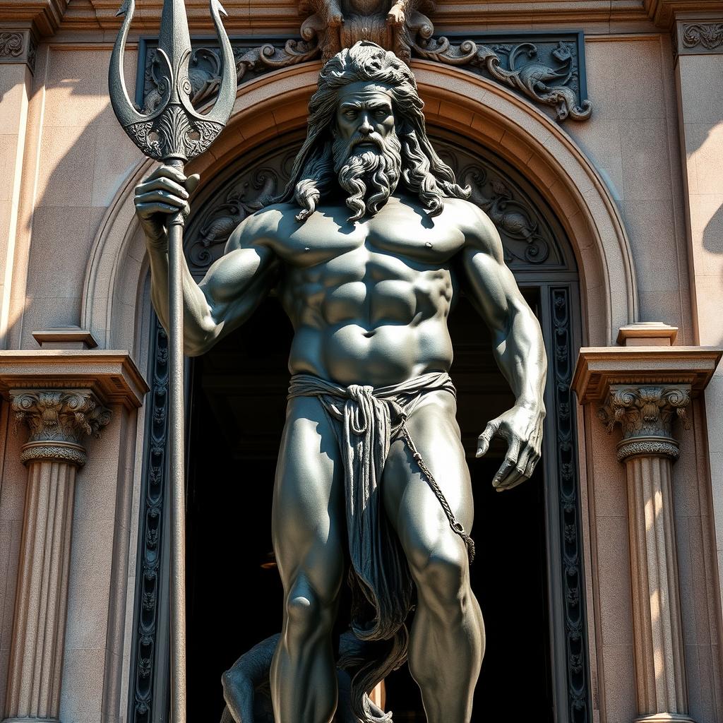 A majestic bronze statue of Poseidon, the Greek god of the sea, standing proudly at the front of a grand gate, his powerful figure exuding authority and strength