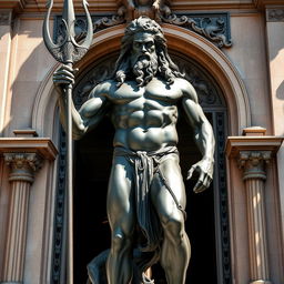 A majestic bronze statue of Poseidon, the Greek god of the sea, standing proudly at the front of a grand gate, his powerful figure exuding authority and strength