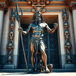 A majestic bronze statue of Poseidon, the Greek god of the sea, standing proudly at the front of a grand gate, his powerful figure exuding authority and strength