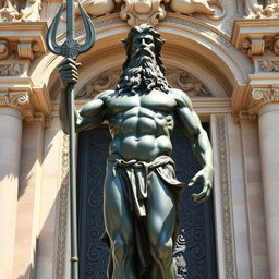 A majestic bronze statue of Poseidon, the Greek god of the sea, standing proudly at the front of a grand gate, his powerful figure exuding authority and strength