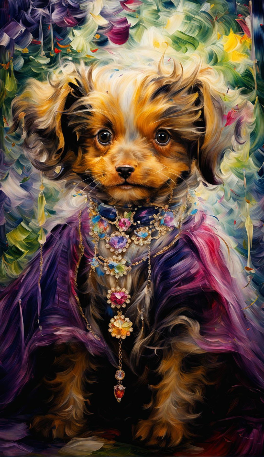 An adorable puppy dressed as a regal prince in an oil painting styled after Monet.