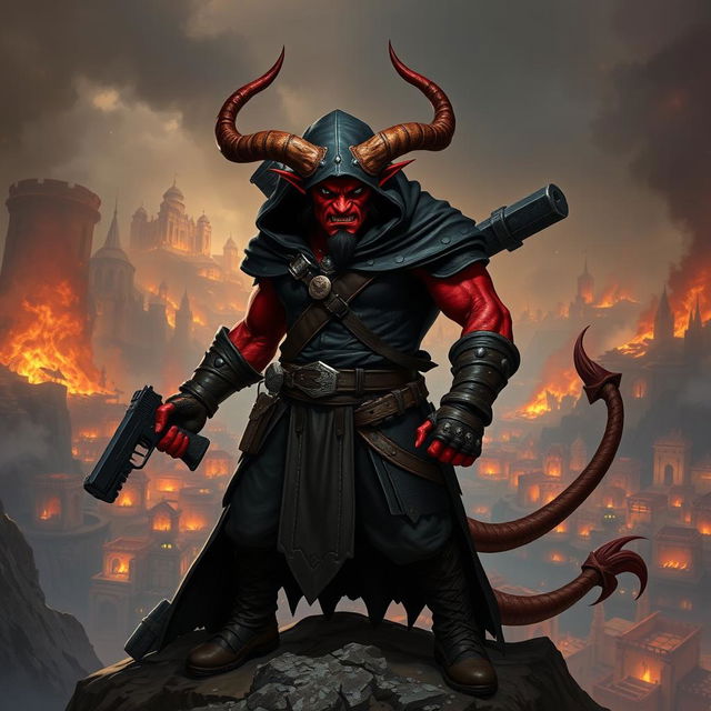 Gumong Steamfire, a 32-year-old adult tiefling barbarian, rendered in a dramatic fantasy setting