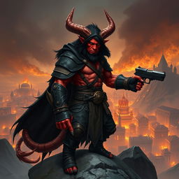 Gumong Steamfire, a 32-year-old adult tiefling barbarian, rendered in a dramatic fantasy setting