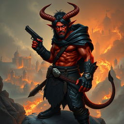 Gumong Steamfire, a 32-year-old adult tiefling barbarian, rendered in a dramatic fantasy setting