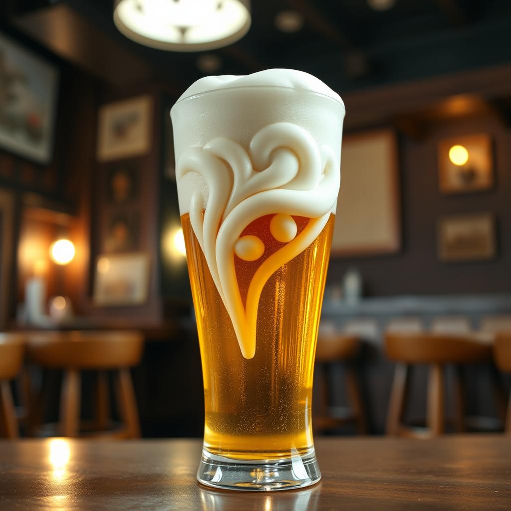 A creative and humorous interpretation of a beer glass filled with a frothy head shaped like a vagina