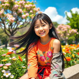 A cute Asian girl with soft features, smiling brightly, wearing a stylish and colorful outfit that reflects youthful fashion trends, with long black hair flowing gently in the breeze