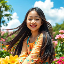 A cute Asian girl with soft features, smiling brightly, wearing a stylish and colorful outfit that reflects youthful fashion trends, with long black hair flowing gently in the breeze