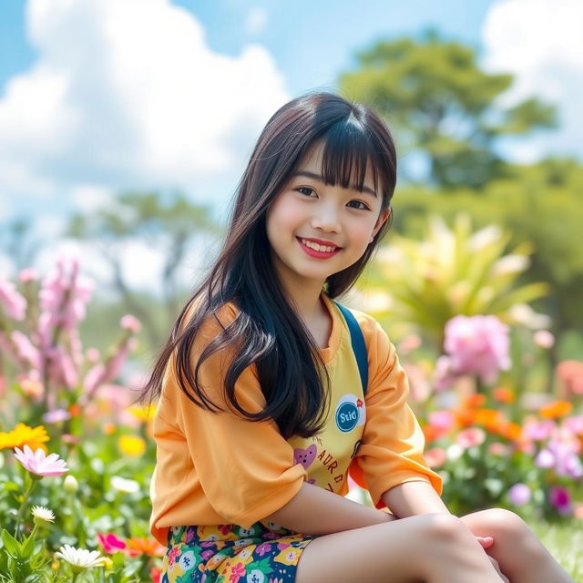 A cute Asian girl with soft features, smiling brightly, wearing a stylish and colorful outfit that reflects youthful fashion trends, with long black hair flowing gently in the breeze