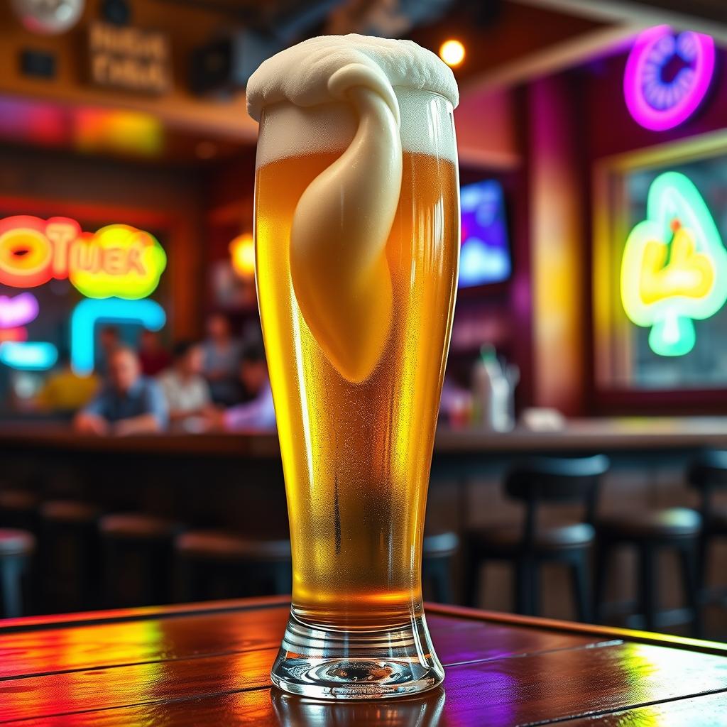 A humorous and playful depiction of a beer glass filled with a frothy head shaped like a penis