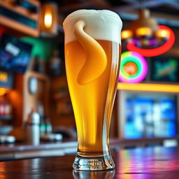 A humorous and playful depiction of a beer glass filled with a frothy head shaped like a penis