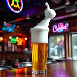 A humorous and playful depiction of a beer glass filled with a frothy head shaped like a penis