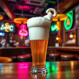 A humorous and playful depiction of a beer glass filled with a frothy head shaped like a penis