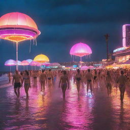 An electrifying electropunk beach scene: beachgoers adorned in metallic swimwear beneath high-tech, LED-lit umbrellas, electric surfboards zipping across the sea, static-charged beach balls bouncing around, and a neon-lit boardwalk buzzing with electronic activity against a backdrop of an electrifying sunset.