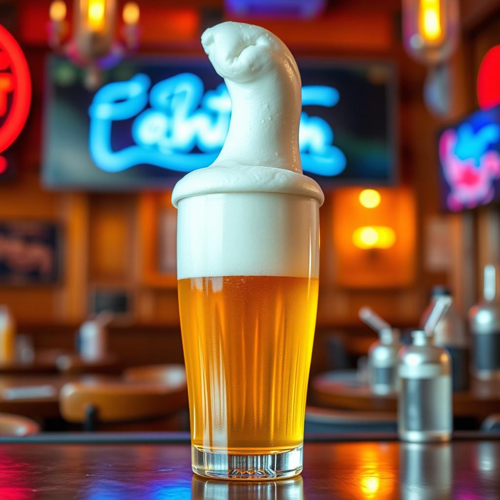 A humorous and playful portrayal of a beer glass filled with golden beer topped with frothy foam sculpted into an erect penis shape