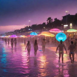 An electrifying electropunk beach scene: beachgoers adorned in metallic swimwear beneath high-tech, LED-lit umbrellas, electric surfboards zipping across the sea, static-charged beach balls bouncing around, and a neon-lit boardwalk buzzing with electronic activity against a backdrop of an electrifying sunset.