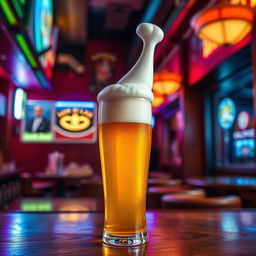 A humorous and playful portrayal of a beer glass filled with golden beer topped with frothy foam sculpted into an erect penis shape