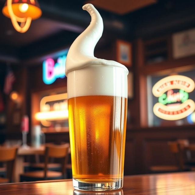 A humorous and playful portrayal of a beer glass filled with golden beer topped with frothy foam sculpted into an erect penis shape