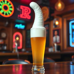 A humorous and playful portrayal of a beer glass filled with golden beer topped with frothy foam sculpted into an erect penis shape