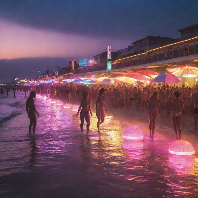 An electrifying electropunk beach scene: beachgoers adorned in metallic swimwear beneath high-tech, LED-lit umbrellas, electric surfboards zipping across the sea, static-charged beach balls bouncing around, and a neon-lit boardwalk buzzing with electronic activity against a backdrop of an electrifying sunset.