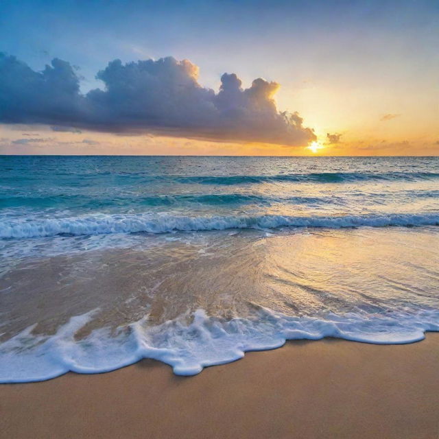 A serene, deep-blue ocean view with a sliver of golden sandy beach under a tropical sunset sky.