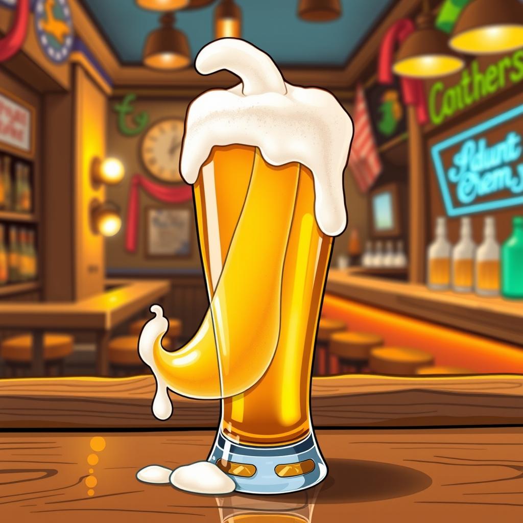 A humorous and cheeky illustration of a beer glass filled with golden beer, showcasing frothy foam dripping down the sides, formed into the shape of an erect penis