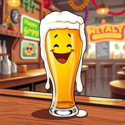 A humorous and cheeky illustration of a beer glass filled with golden beer, showcasing frothy foam dripping down the sides, formed into the shape of an erect penis